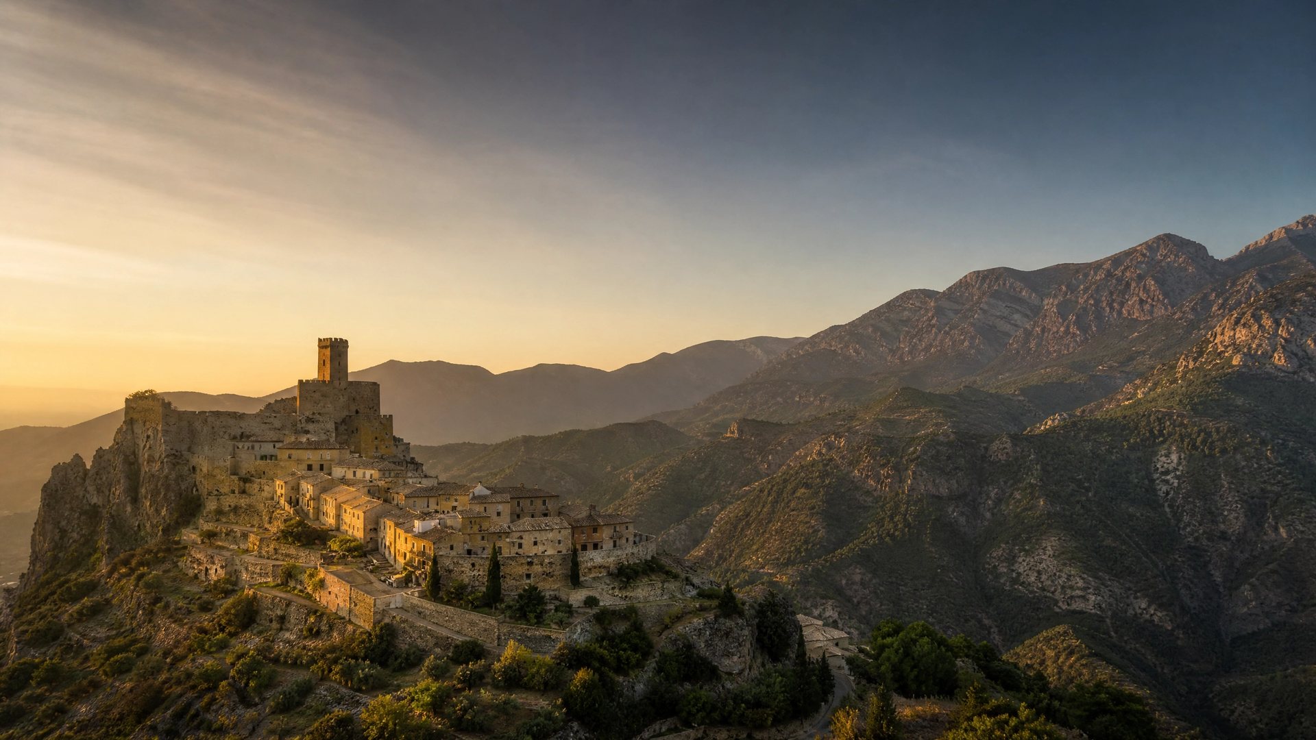 Vista aérea de una villa de piedra y Sierra Espuña